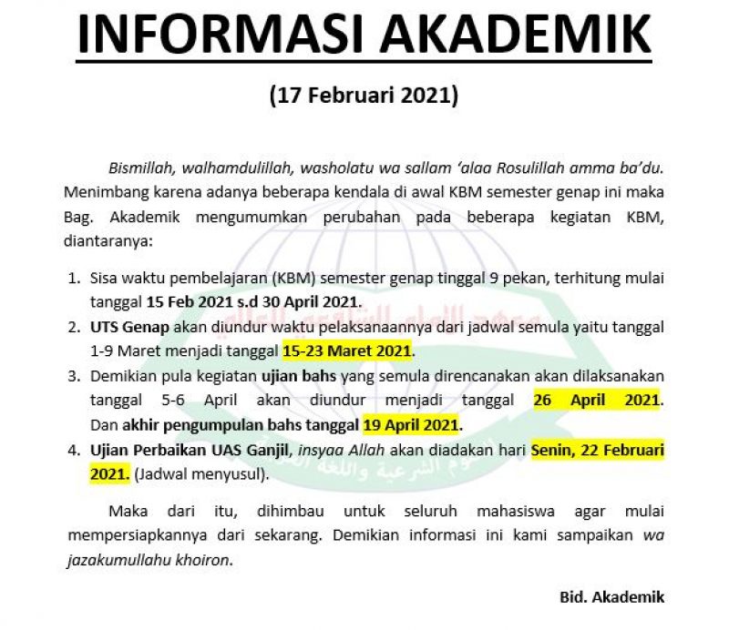 Info Perubahan Jadwal KBM, UTS & Ujian Bahs Semester Genap 2020/2021.
